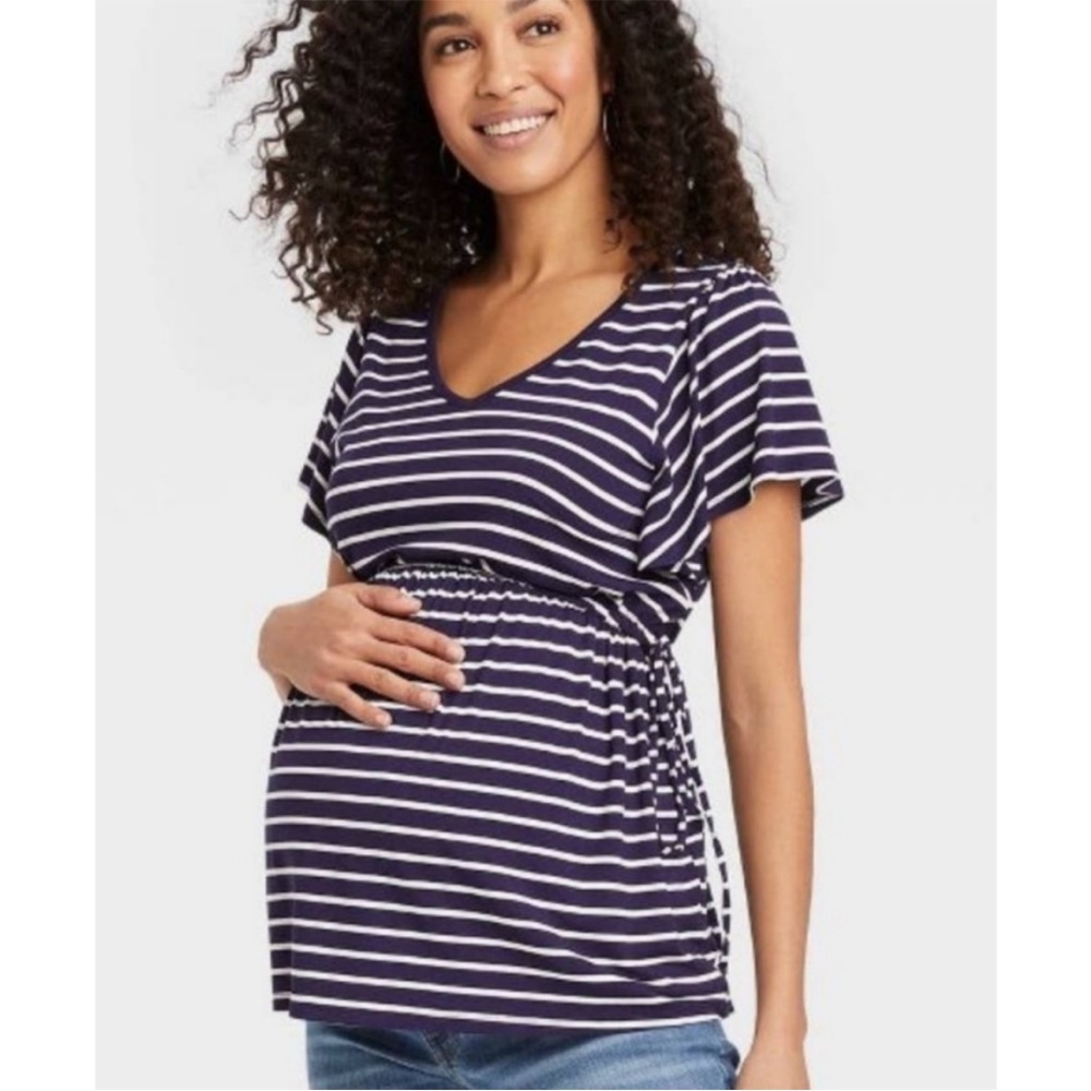 Isabel Maternity Navy And White Striped Ruched Side Tee